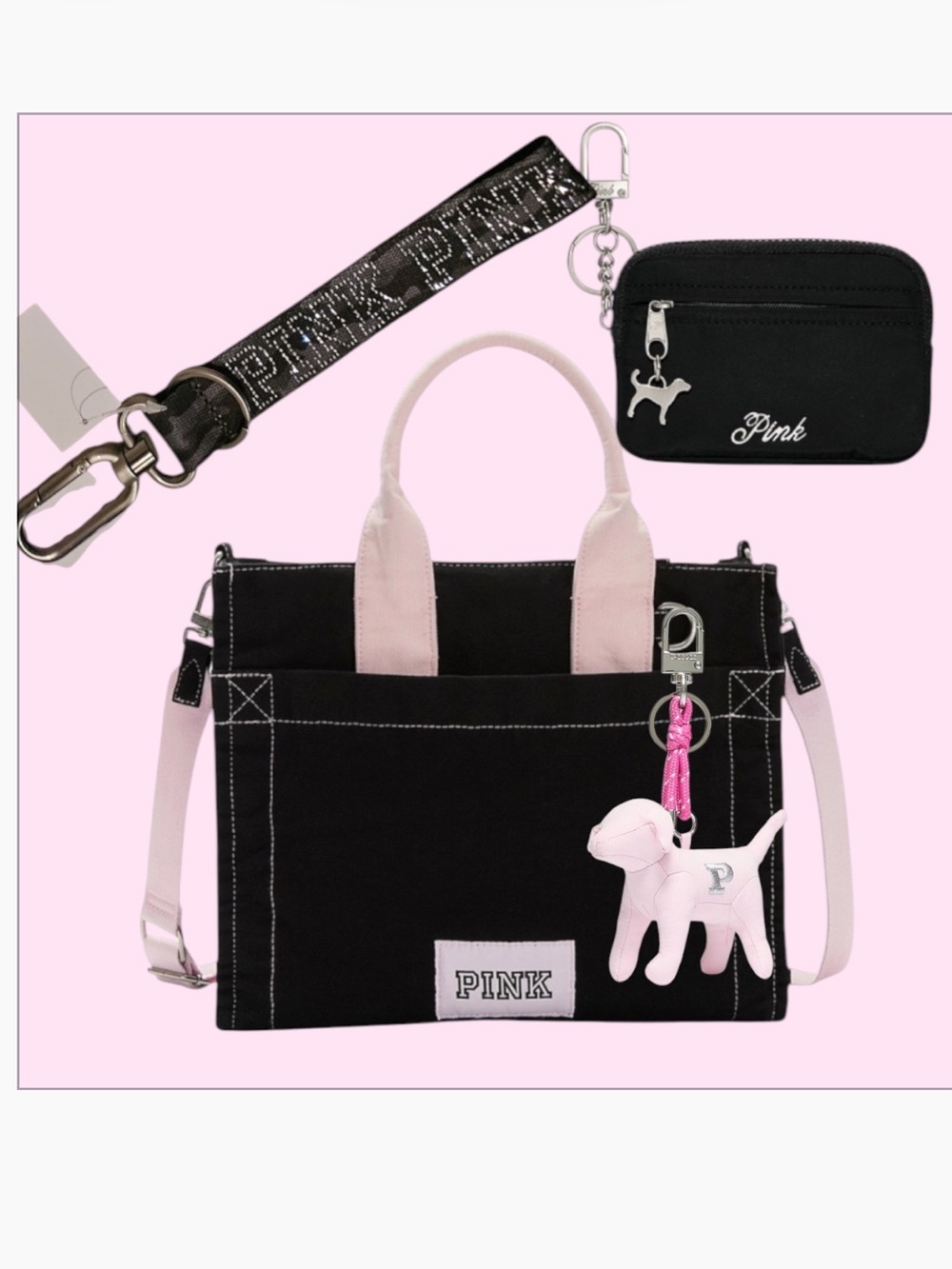 PINK Mini BLACK & PINK Crossbody Bag 4 piece Bundle RARE & HTF
